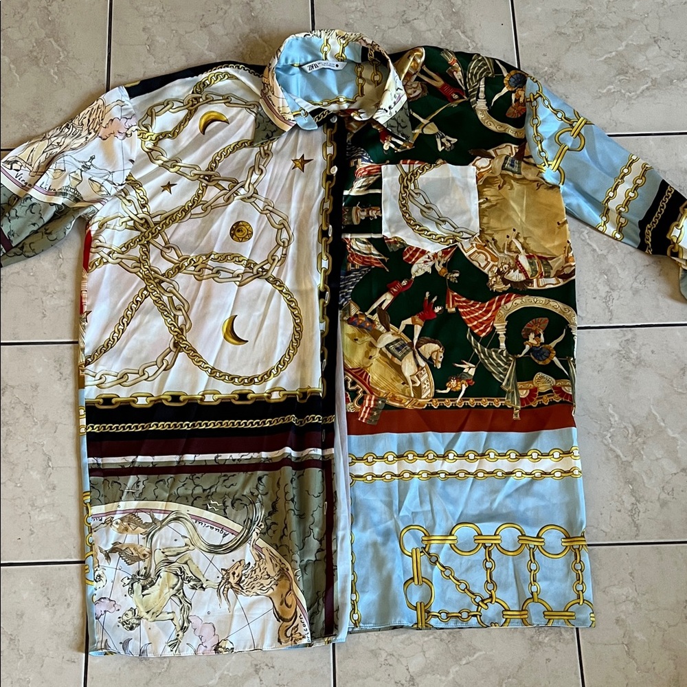 Zara Blue and Gold Chain Print Shirt
